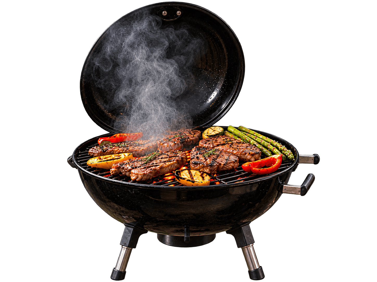 Parrilla encendida con un asado